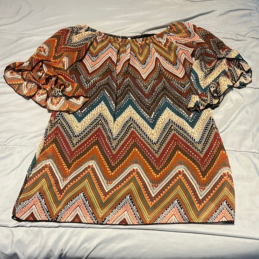 Boutique store short dress/long tunic. Multi-color chevron Off-the-shoulder